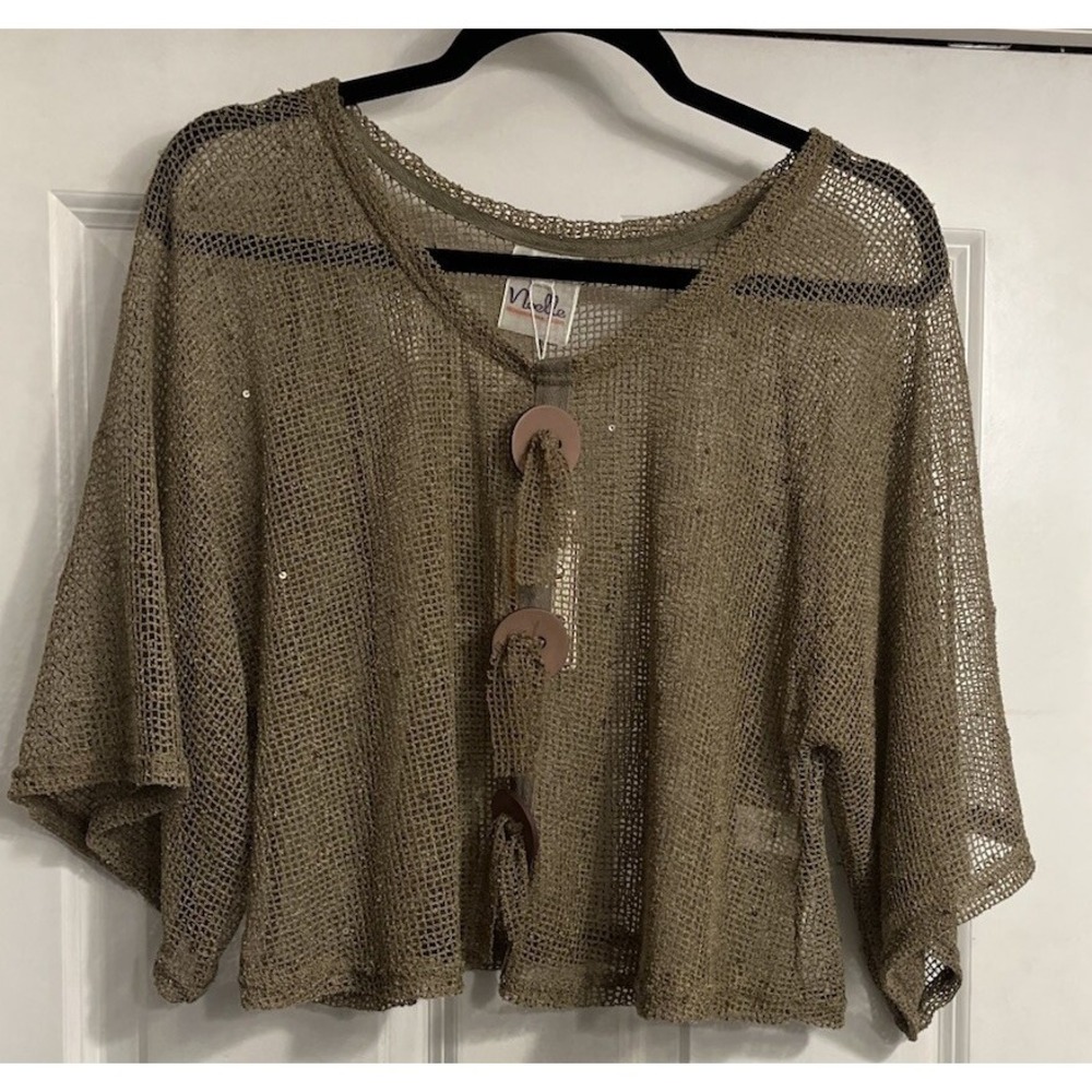 Noelle Fish Net Crop Top Mesh Bolero Metalic Sequines Tan Big Buttons Rave NWT
